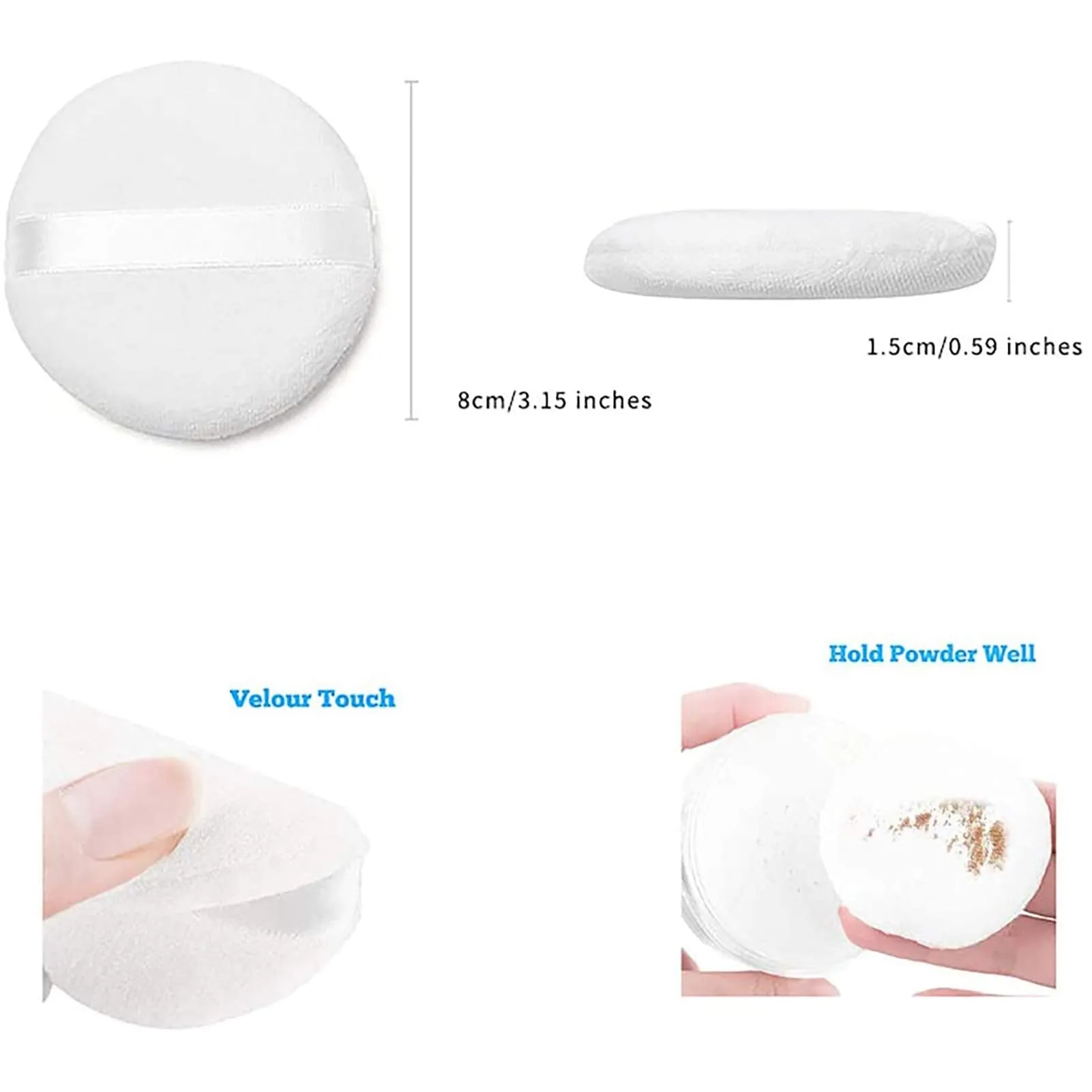 10 Pcs Powder Puff for Powder Foundation Body Powder and Loose Powder, 3.15 Inch Soft Cotton Smooth Apply Facial and Body Powder Puff with Ribbon Band Handle White