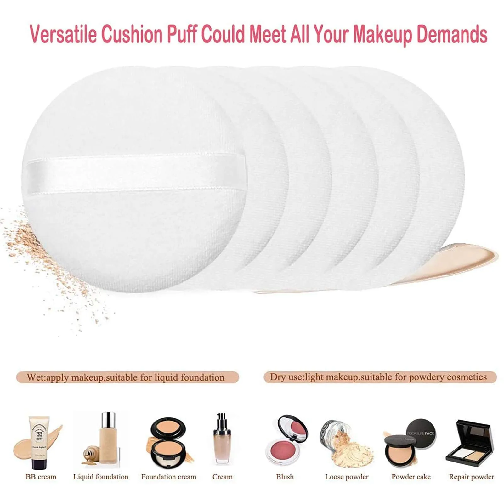 10 Pcs Powder Puff for Powder Foundation Body Powder and Loose Powder, 3.15 Inch Soft Cotton Smooth Apply Facial and Body Powder Puff with Ribbon Band Handle White