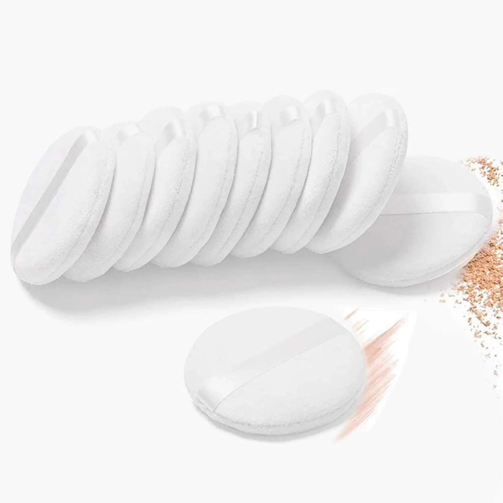 10 Pcs Powder Puff for Powder Foundation Body Powder and Loose Powder, 3.15 Inch Soft Cotton Smooth Apply Facial and Body Powder Puff with Ribbon Band Handle White