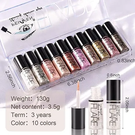 10Pcs Waterproof Glitter Eyeliner Liquid Glitter Eyeshadow Sticks Kit.Longwearing sombras de ojos Profesional Makeup Glitter for Eyes .10 Colorful Liquid Glitter Eye Liner Eye Shadow Set.Liquid Flare Gold Sparkle para ojos
