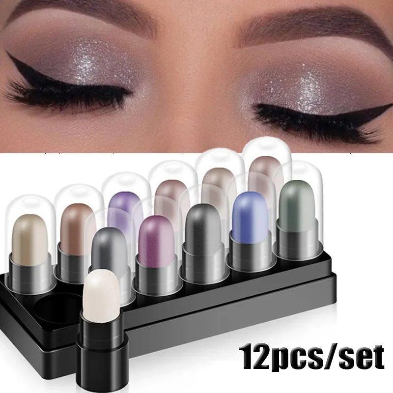 12-Color Eyeshadow Stick Set - Long-Lasting, Water & Sweat Proof Eyeshadow Pens with Highlighter & Glitter