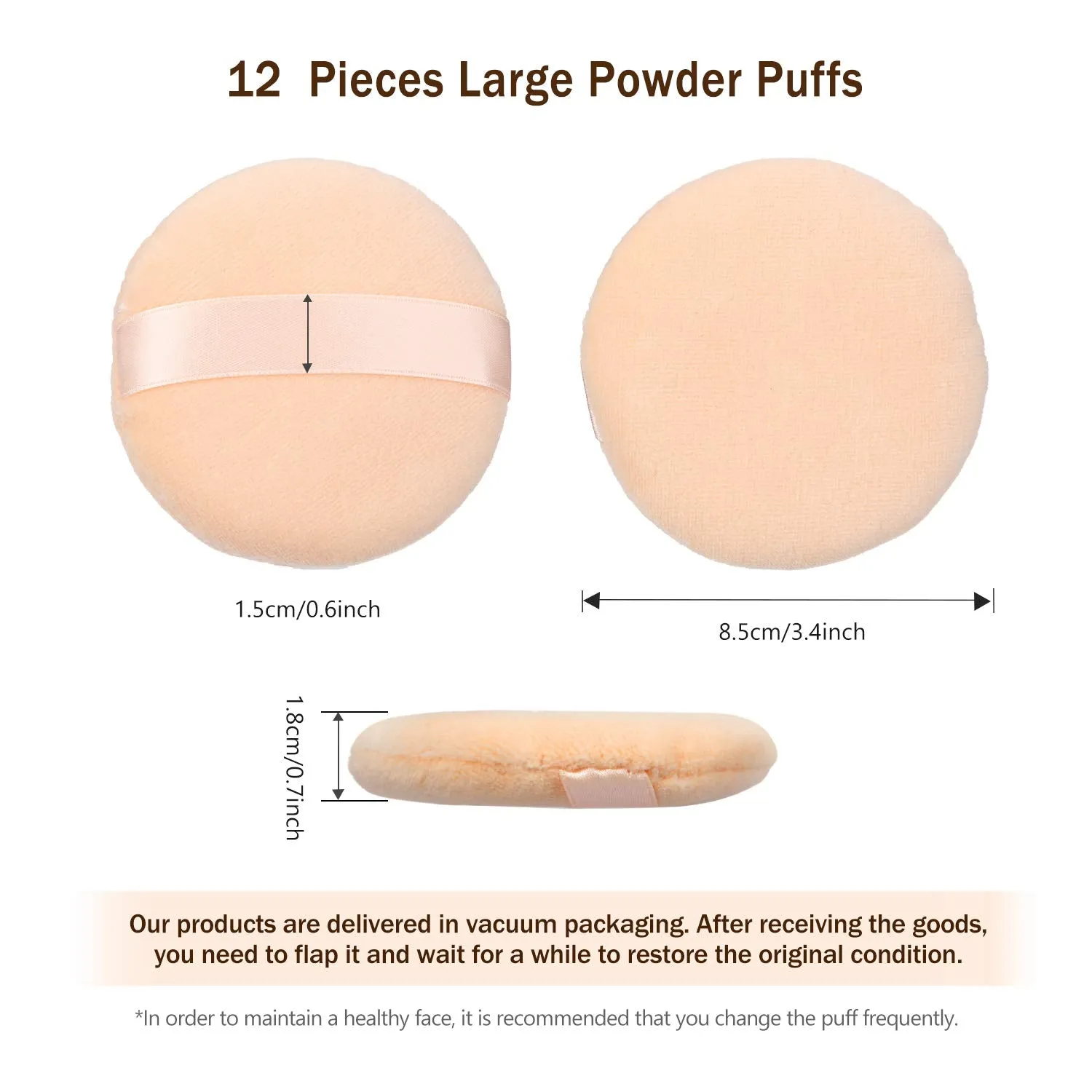 12 Pieces Powder Puffs Round 3.4 inch Makeup Puffs Pads with Strap, Washable Large Face Body Powder Puffs for Loose Mineral Powder (Champagne-colored, 3.4 Inch) Champagne-colored