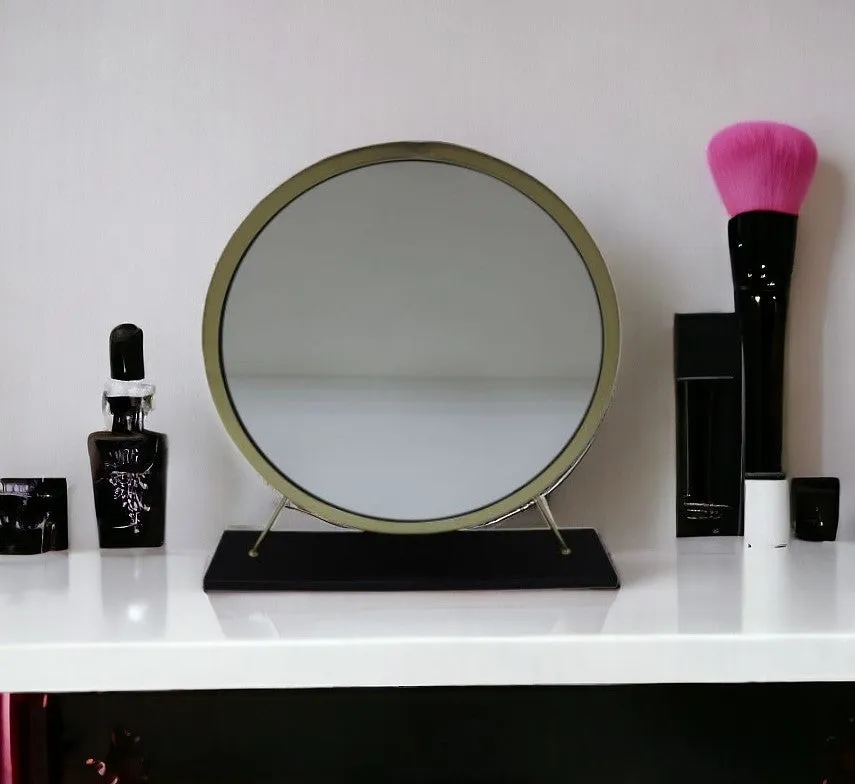 19" Faux Fur, Mirror, Black & Brass Finish Round Makeup Shaving Tabletop Mirror