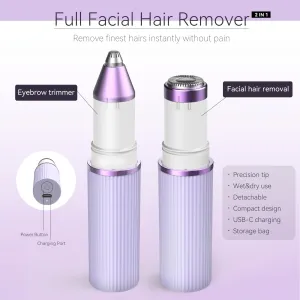 2-in-1 Facial Hair Remover Kit for Women, Bautrium Electric Facial Shaver Eyebrow Razor Women with USB-C Cable & Storage Bag Rechargeable
