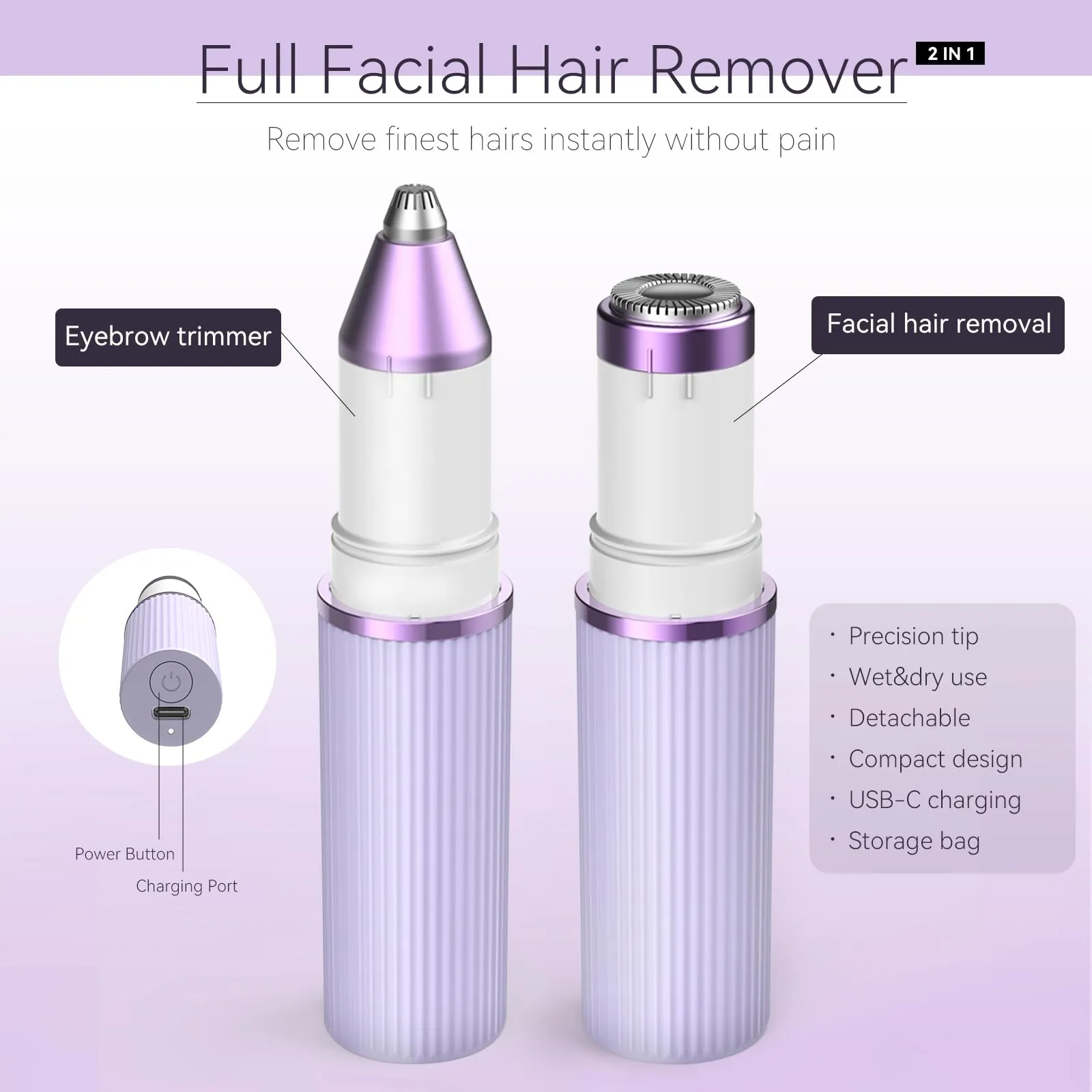 2-in-1 Facial Hair Remover Kit for Women, Bautrium Electric Facial Shaver Eyebrow Razor Women with USB-C Cable & Storage Bag Rechargeable