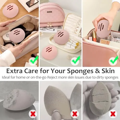 2-Pack Silicone Makeup Sponge Holder with Air Vents - Portable Travel Case for Beauty Blenders, Accommodates Dry and Wet Sponges(Pink Khaki)