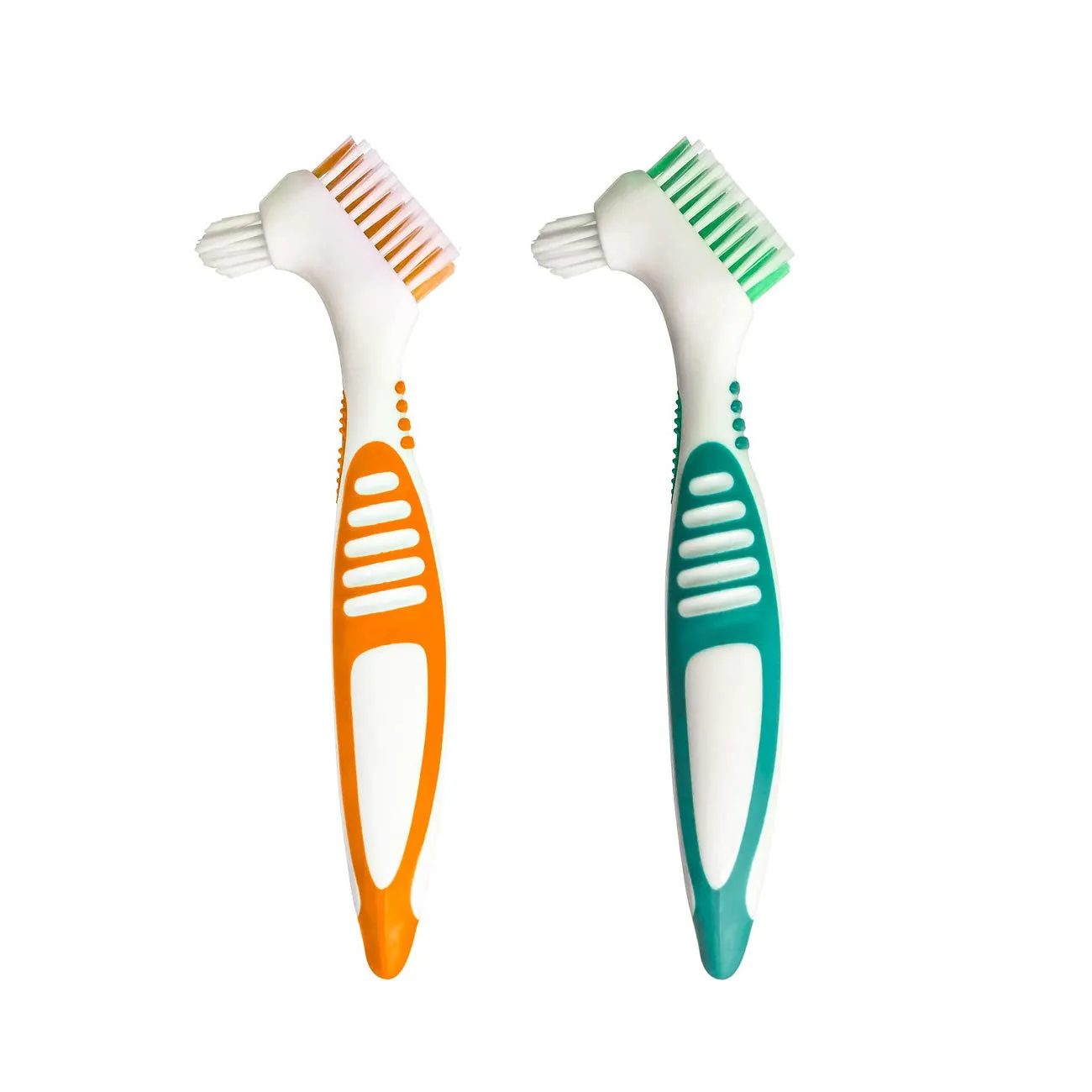 2 Pcs Double Bristle Head Denture Brush Set, Portable Ergonomic Denture Cleaning Brush Multi-Layered Bristles False Teeth Brush for Denture Care (Random Color)
