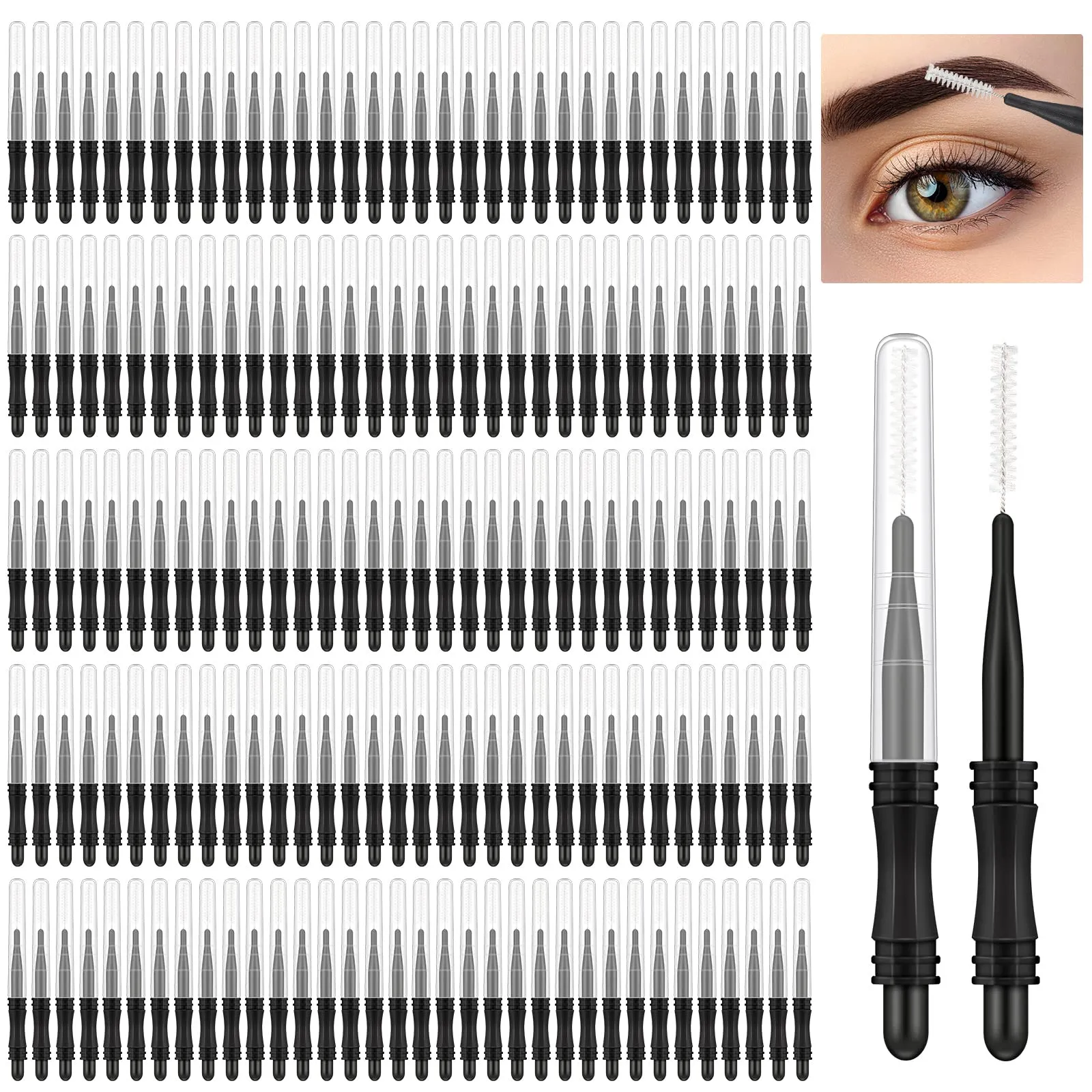 200 Pcs Micro Eyebrow Brush with Cap, Multifunctional Brow Lamination Brush Eyelash Comb Brush Eyebrow Spoolie Lash Lift Mascara Tools for Eyelashes Extensions and Eyebrows (Black)
