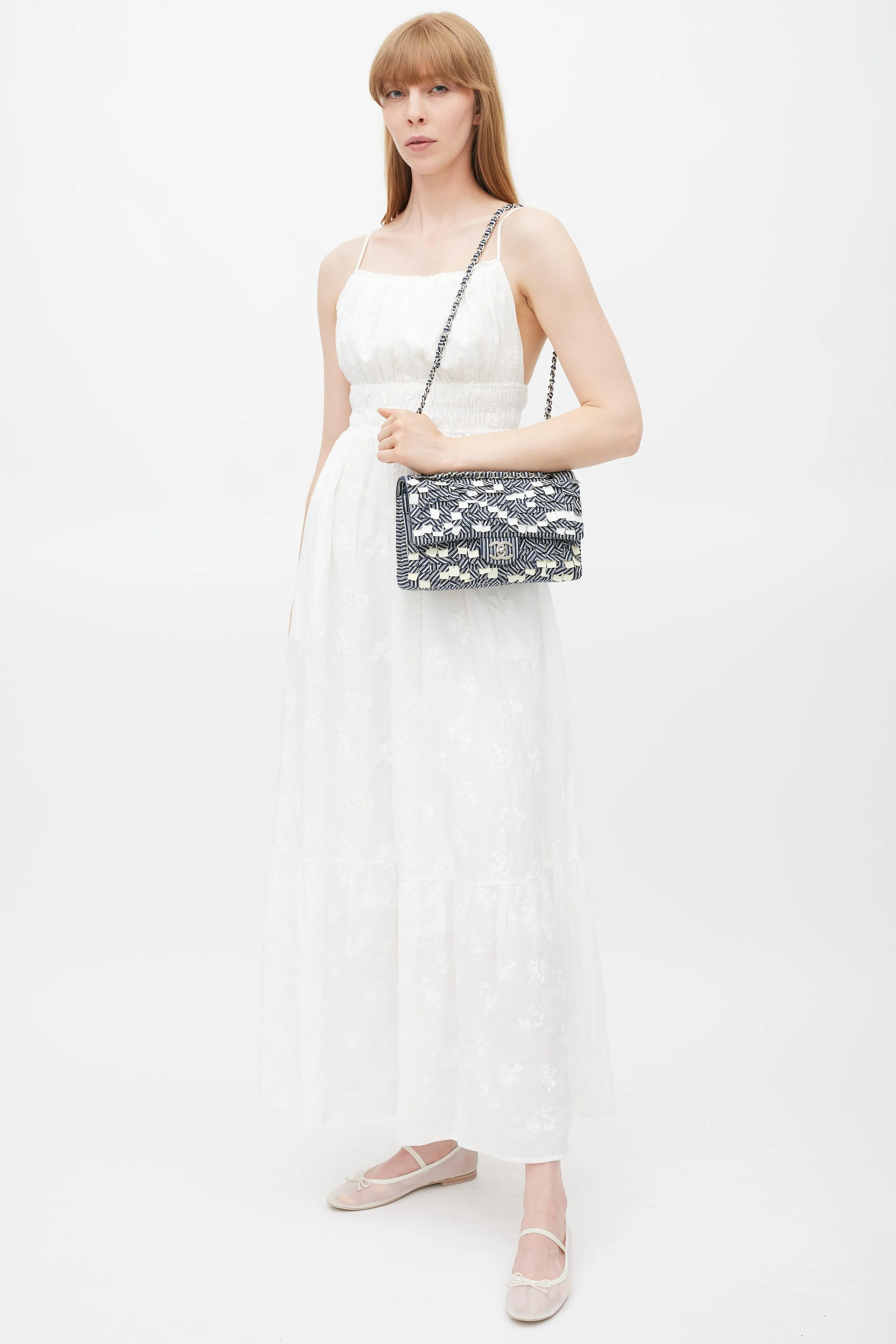 2006-8 Blue & White Cotton Fringed Double Flap Bag