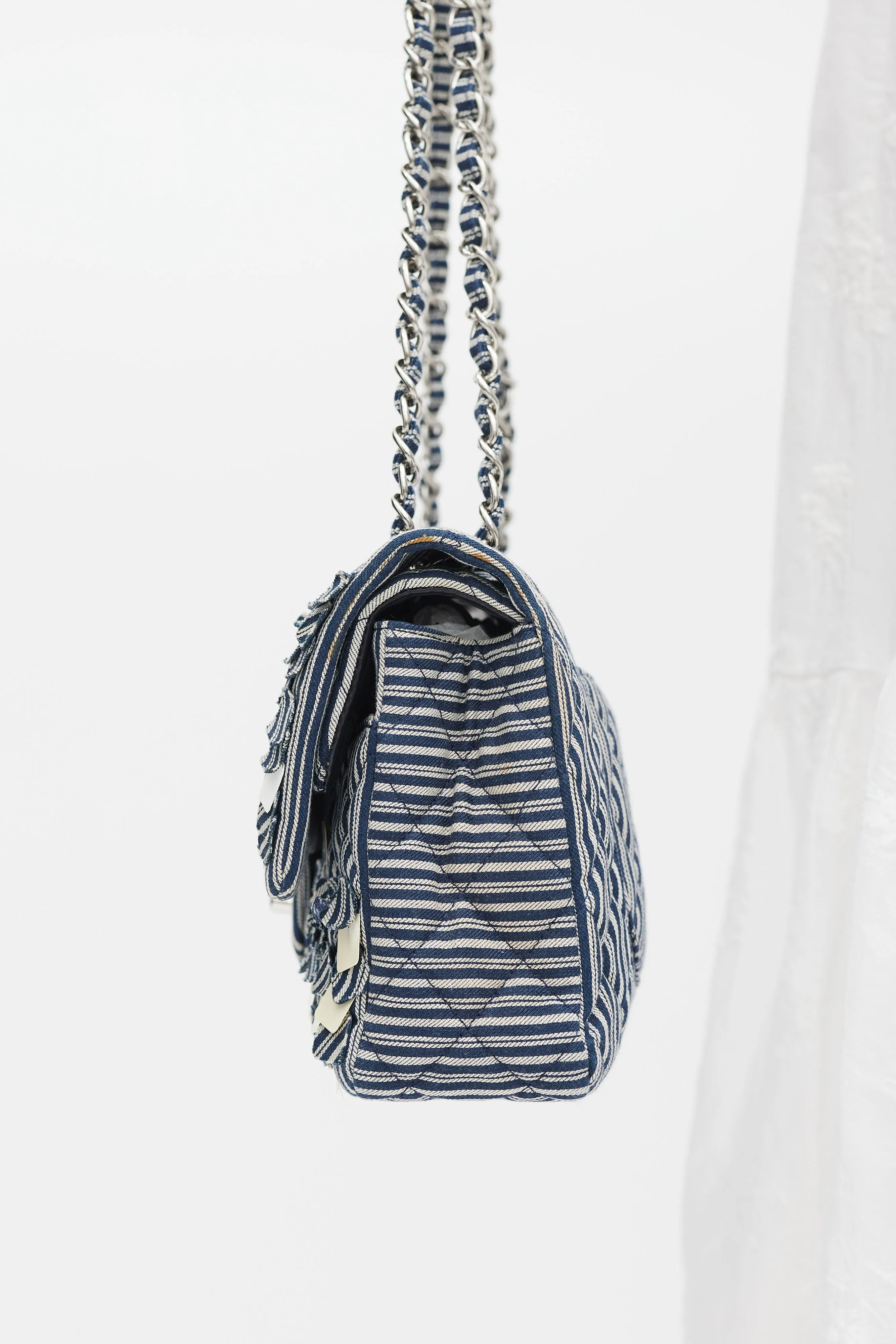 2006-8 Blue & White Cotton Fringed Double Flap Bag