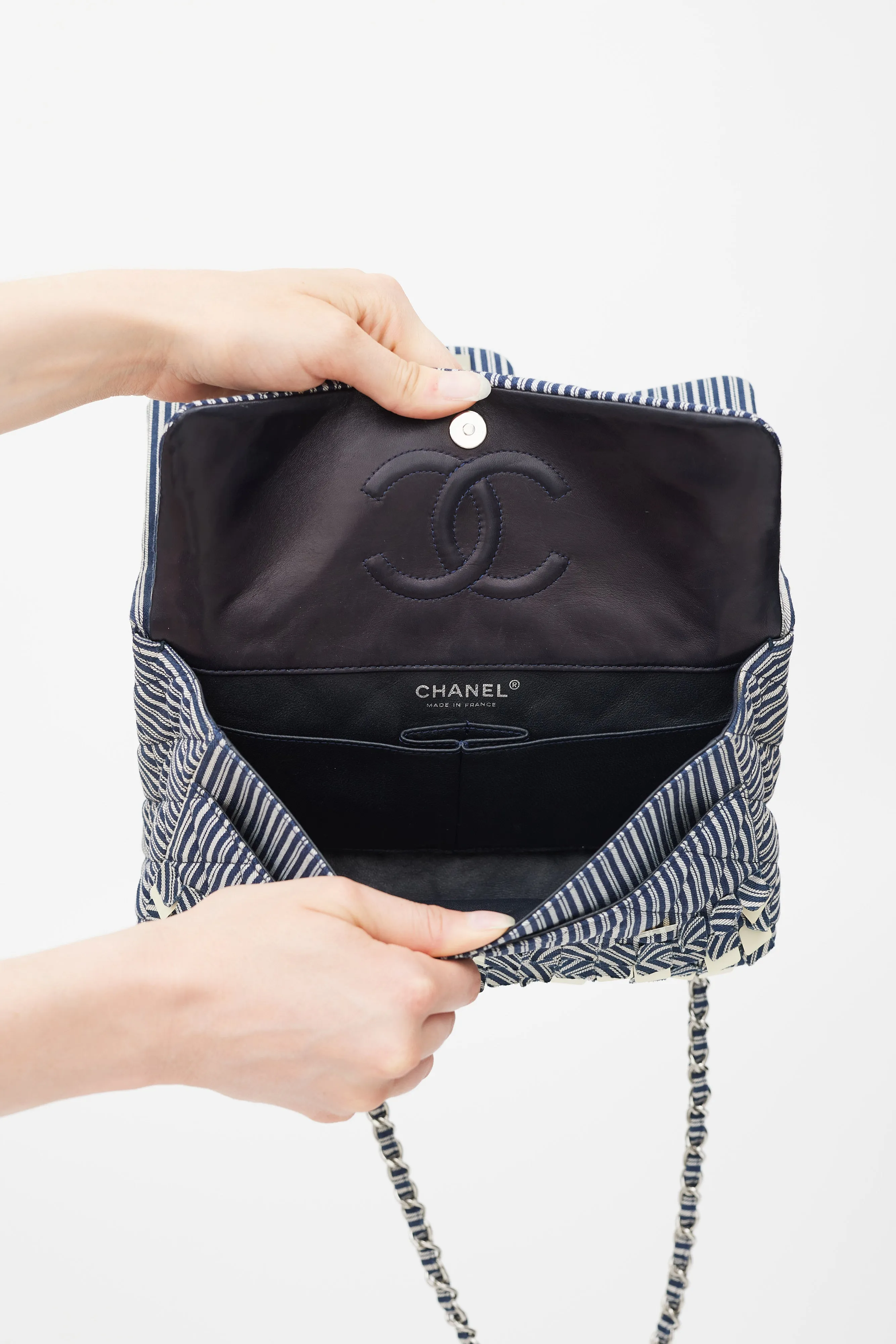 2006-8 Blue & White Cotton Fringed Double Flap Bag