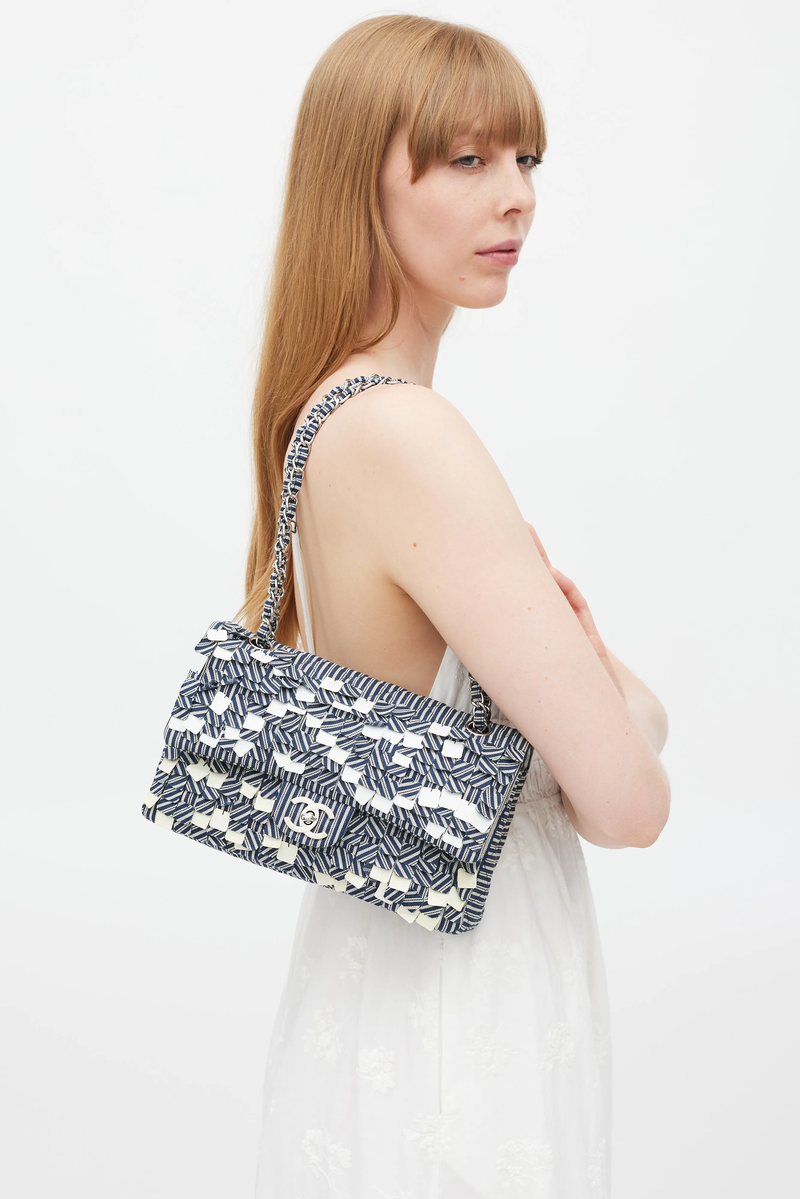 2006-8 Blue & White Cotton Fringed Double Flap Bag