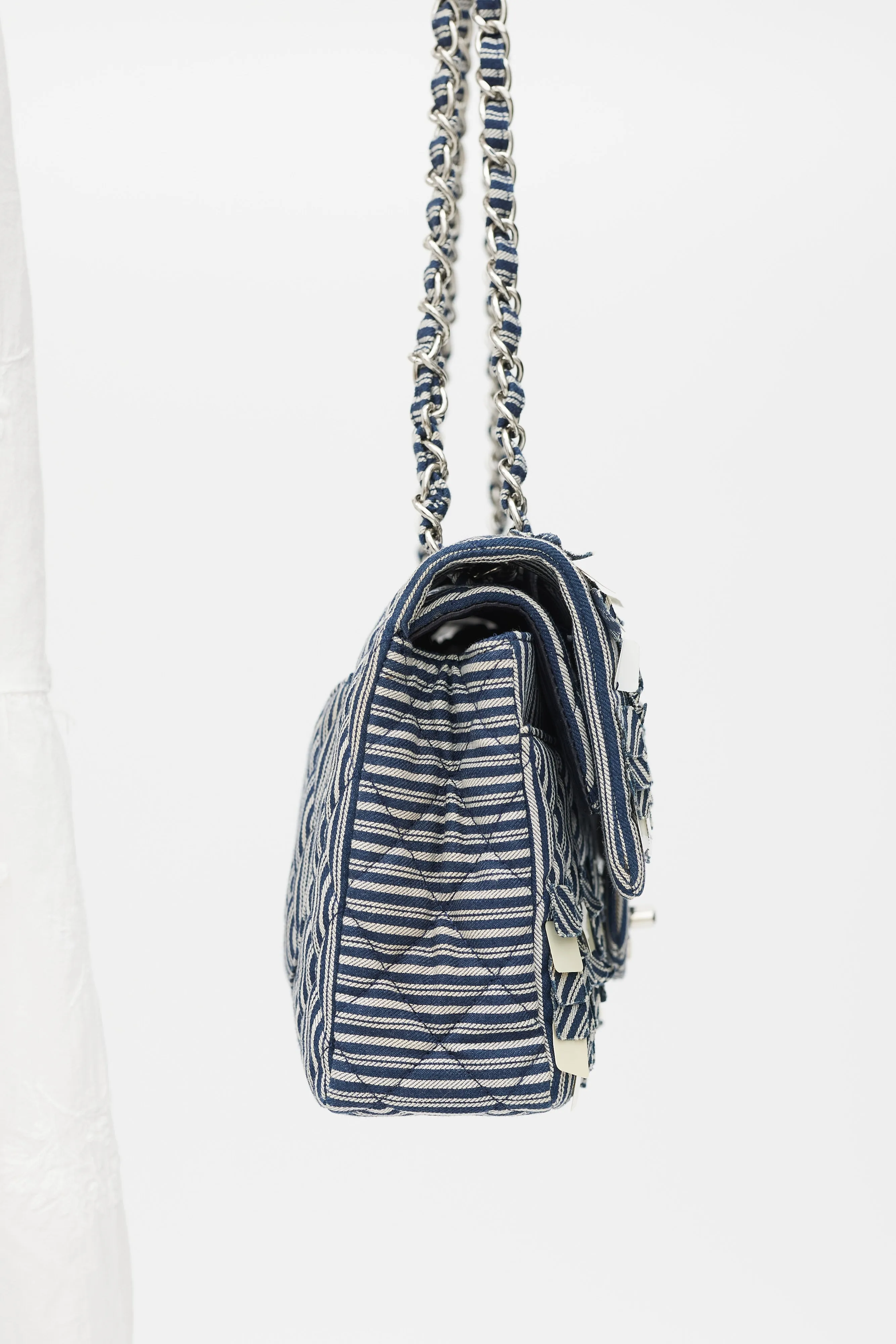 2006-8 Blue & White Cotton Fringed Double Flap Bag