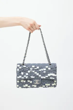 2006-8 Blue & White Cotton Fringed Double Flap Bag