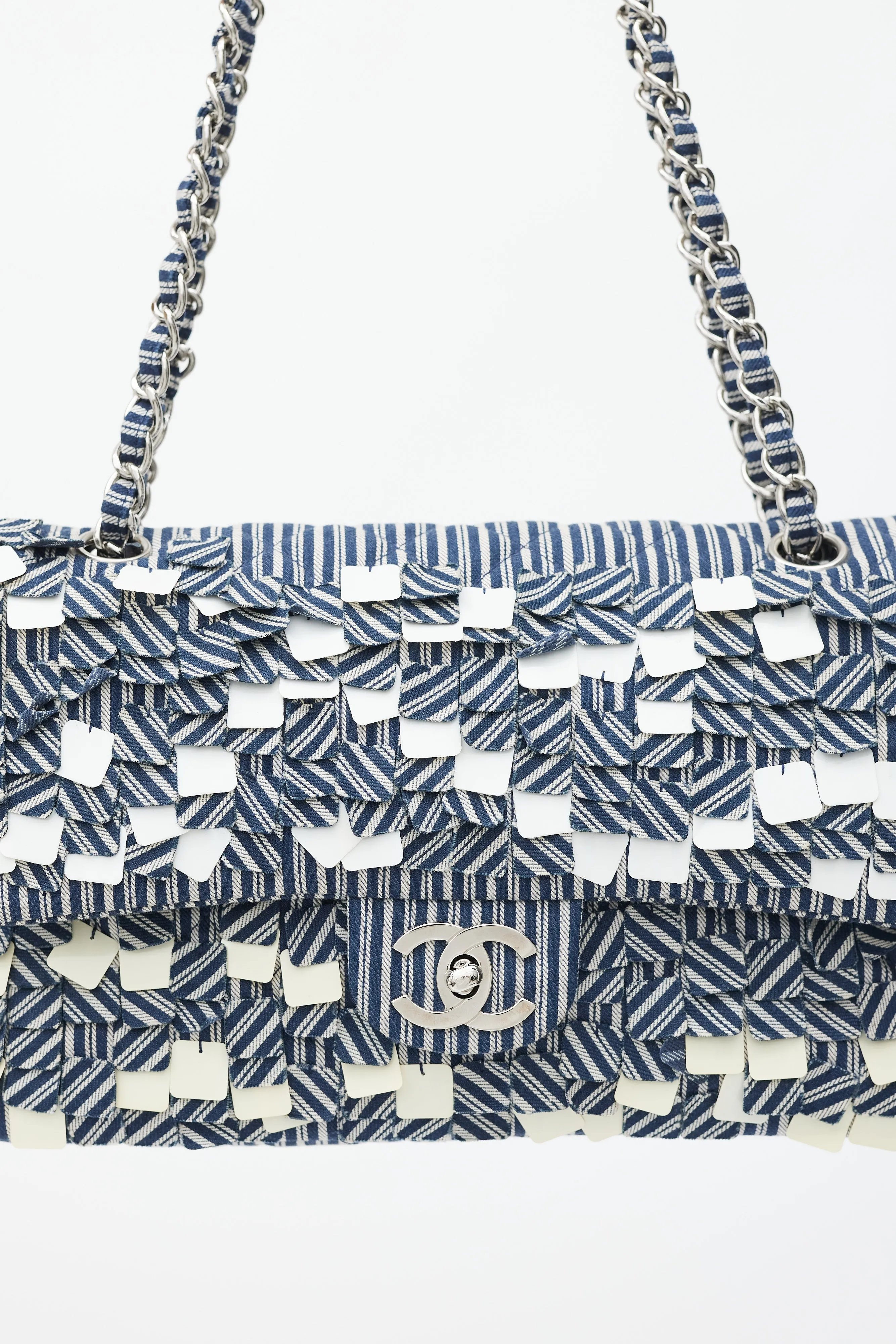 2006-8 Blue & White Cotton Fringed Double Flap Bag