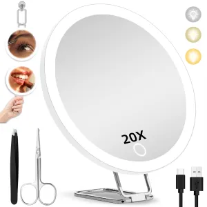 20X Magnifying Mirror with Light 6'' LED Makeup Magnifying Mirror with 3 Color Dimmable Makeup Mirror with 20X Magnification, Lighted 20X Travel Magnified Mirror, 3 Suction Cups, 360° Adjustable Stand