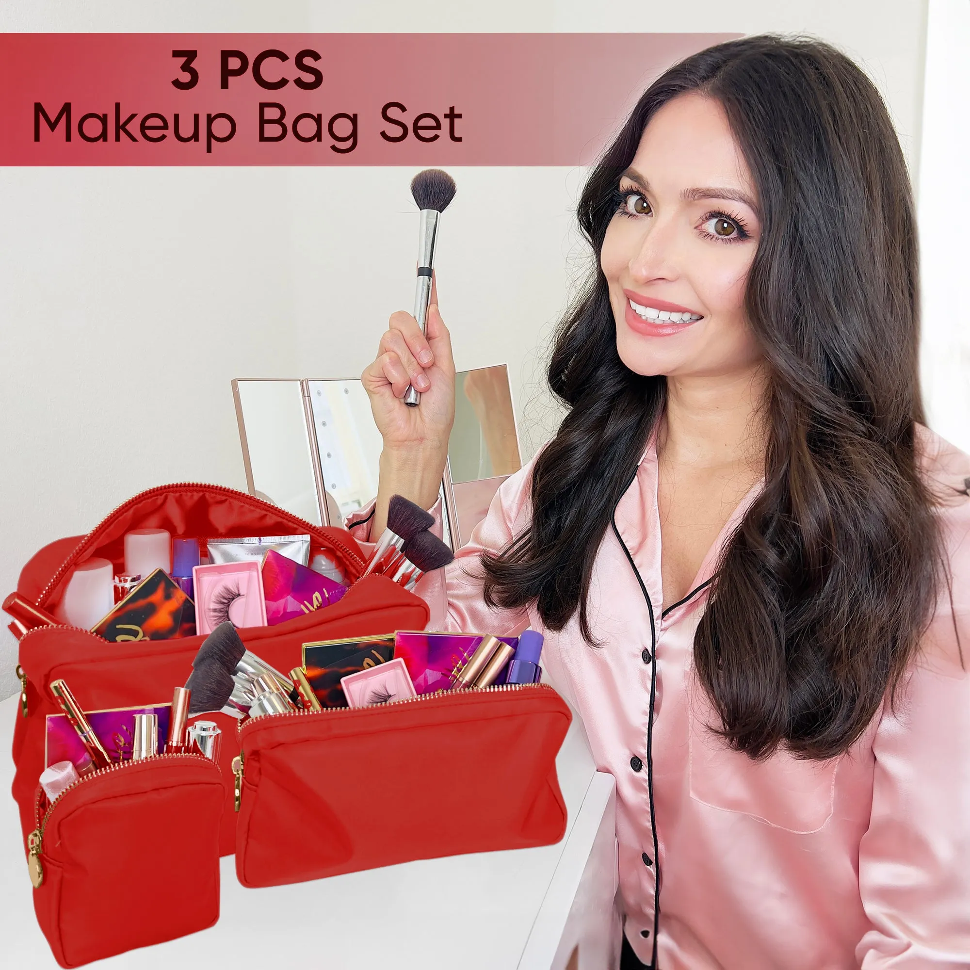 3 Piece Makeup Bag Set Mini, Small & Large Cosmetic Bags - Red