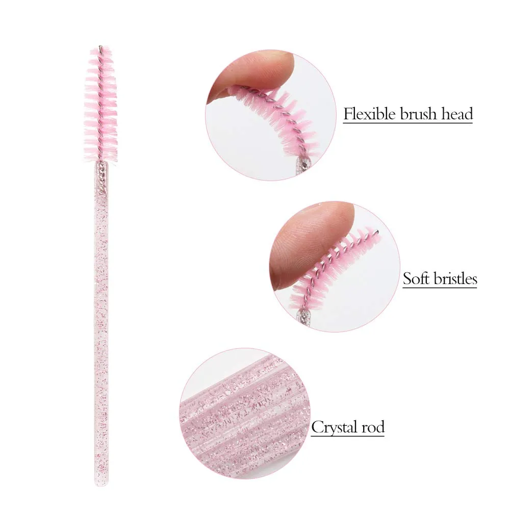 300 Pack Mascara Wands Disposable Bulk Eyelash Extension Tool Lash Brushes Makeup Applicator Kit, Crystal Light Pink Handle - Pink Brush Head Crystal Light Pink-Pink