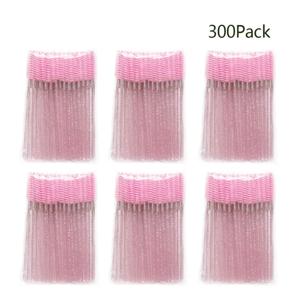 300 Pack Mascara Wands Disposable Bulk Eyelash Extension Tool Lash Brushes Makeup Applicator Kit, Crystal Light Pink Handle - Pink Brush Head Crystal Light Pink-Pink