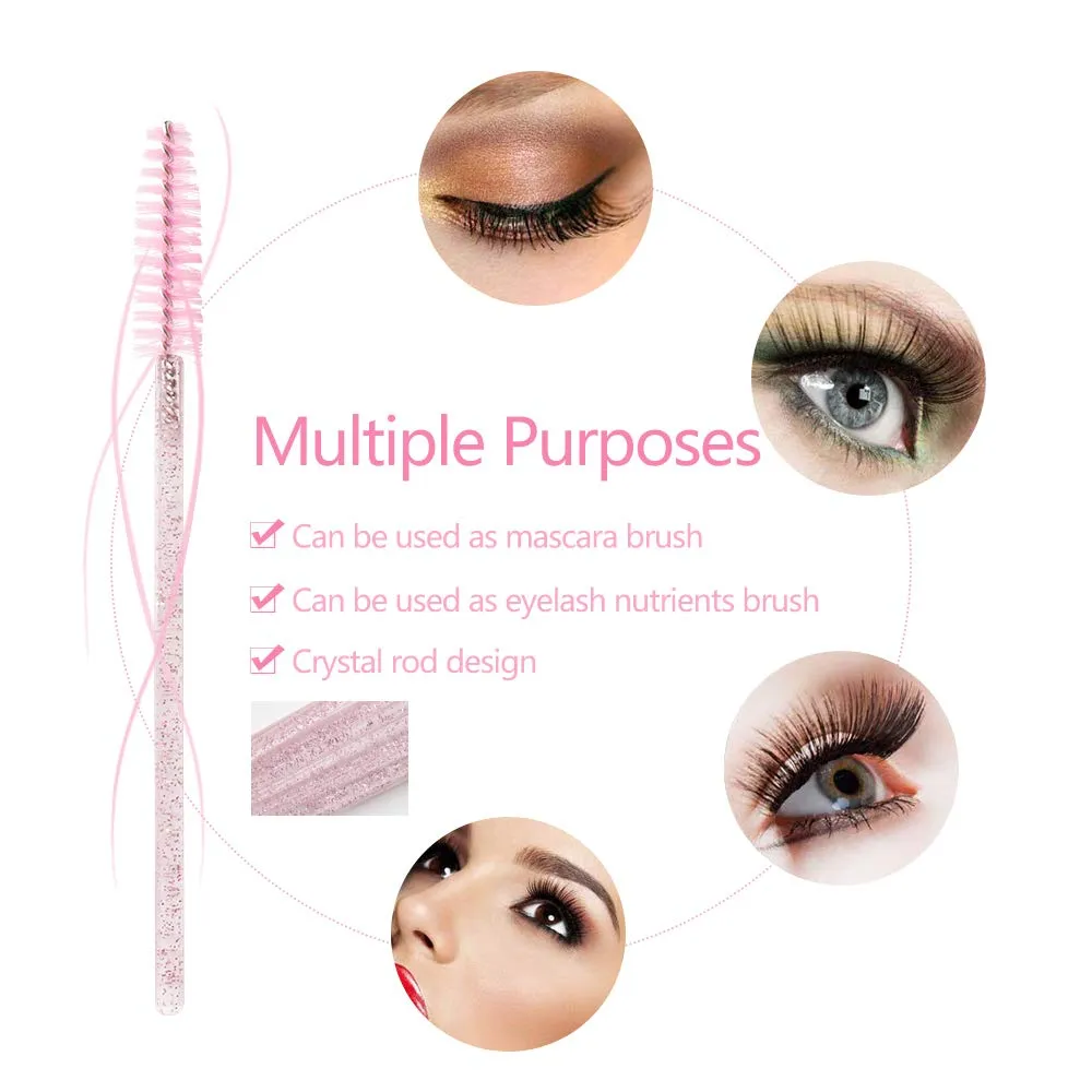 300 Pack Mascara Wands Disposable Bulk Eyelash Extension Tool Lash Brushes Makeup Applicator Kit, Crystal Light Pink Handle - Pink Brush Head Crystal Light Pink-Pink