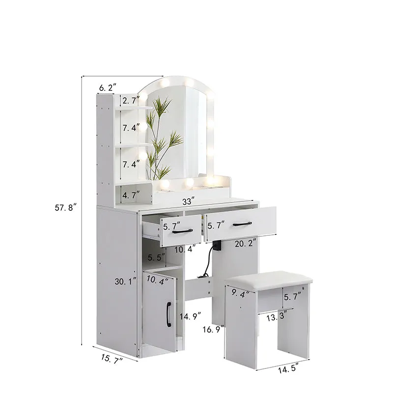 33" Antique White Makeup Vanity Set with Large Lighted Mirror, 2 Drawers, Cabinet & Stool