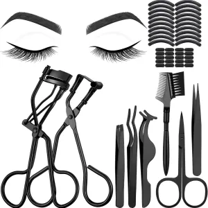 48 Pieces Eyelash Curler Makeup Tools Set, include Mini Eyelash Curler Kit, Eyebrow and Eyelash Extension Tweezers, Eyelash Eyebrow Brush Comb and Eyelashes Scissors, Silicone Refill Pads (Black)