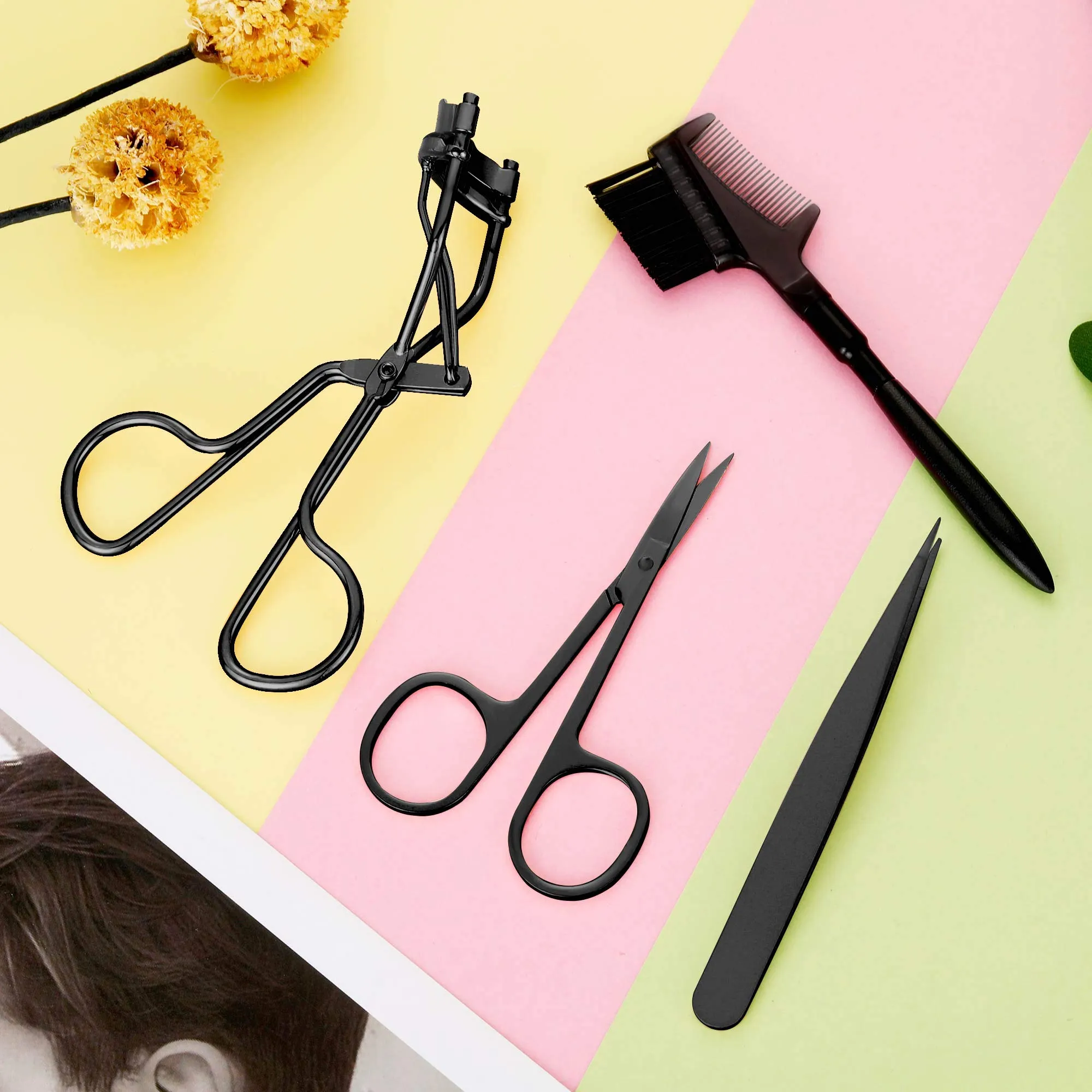 48 Pieces Eyelash Curler Makeup Tools Set, include Mini Eyelash Curler Kit, Eyebrow and Eyelash Extension Tweezers, Eyelash Eyebrow Brush Comb and Eyelashes Scissors, Silicone Refill Pads (Black)