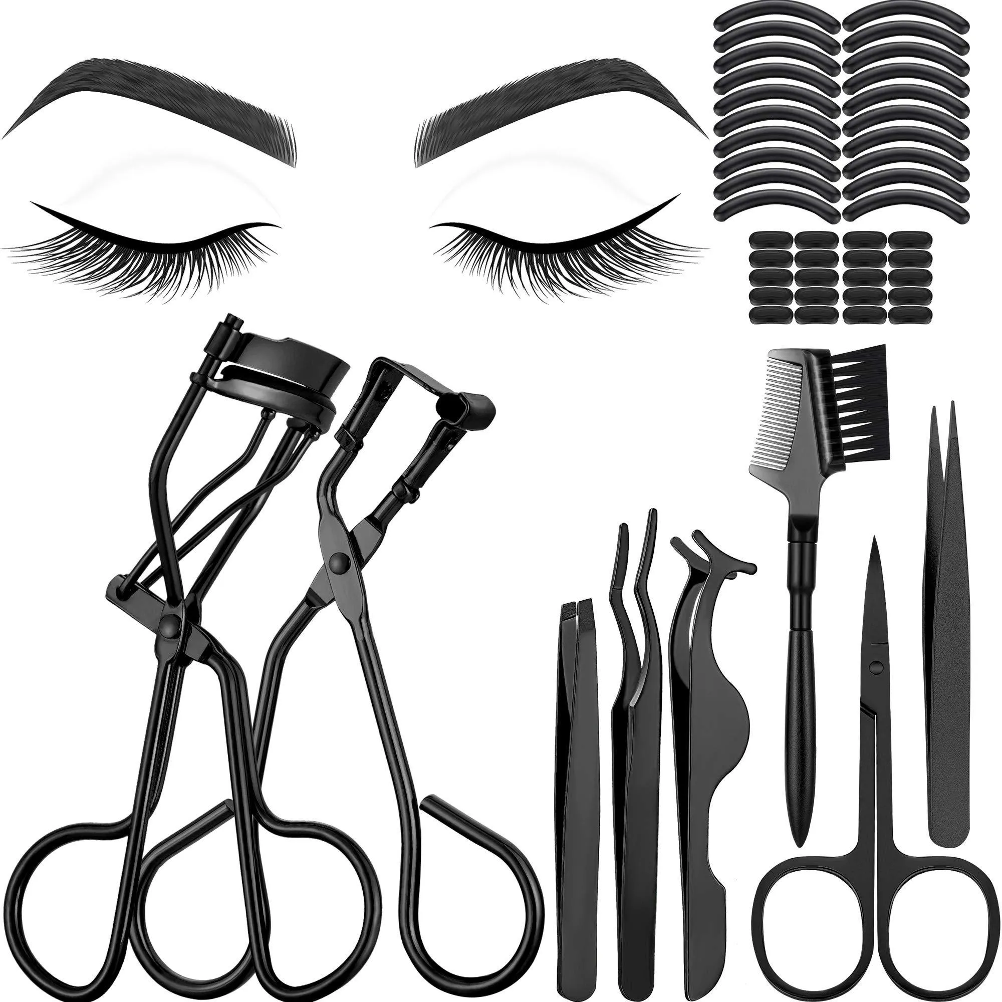 48 Pieces Eyelash Curler Makeup Tools Set, include Mini Eyelash Curler Kit, Eyebrow and Eyelash Extension Tweezers, Eyelash Eyebrow Brush Comb and Eyelashes Scissors, Silicone Refill Pads (Black)