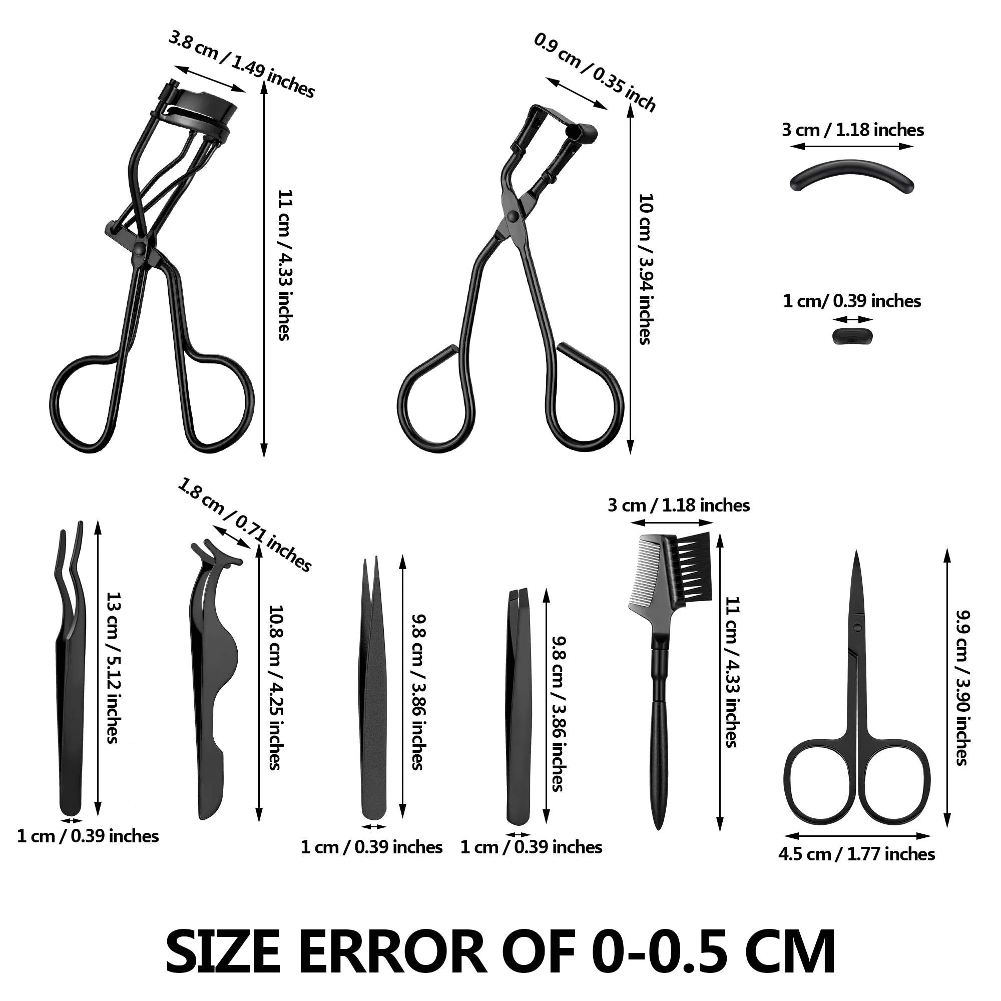 48 Pieces Eyelash Curler Makeup Tools Set, include Mini Eyelash Curler Kit, Eyebrow and Eyelash Extension Tweezers, Eyelash Eyebrow Brush Comb and Eyelashes Scissors, Silicone Refill Pads (Black)