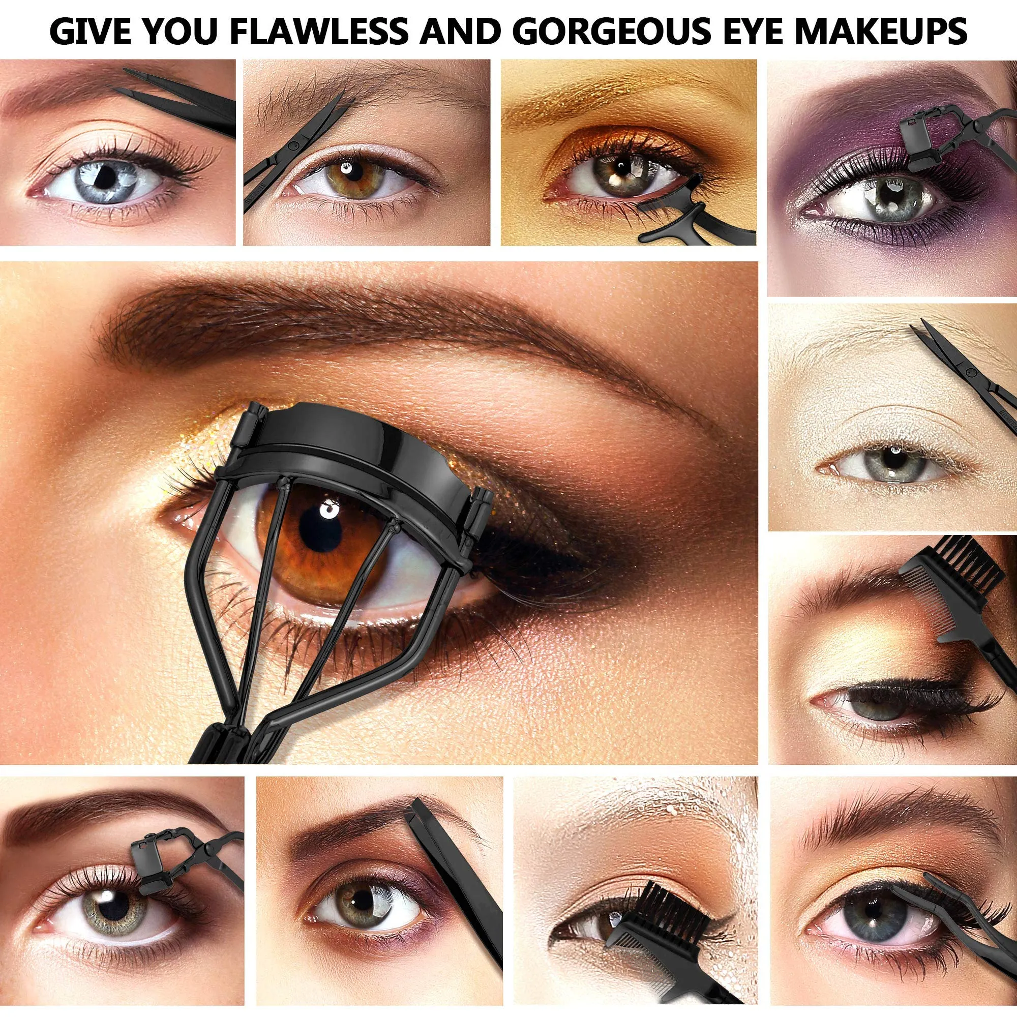 48 Pieces Eyelash Curler Makeup Tools Set, include Mini Eyelash Curler Kit, Eyebrow and Eyelash Extension Tweezers, Eyelash Eyebrow Brush Comb and Eyelashes Scissors, Silicone Refill Pads (Black)