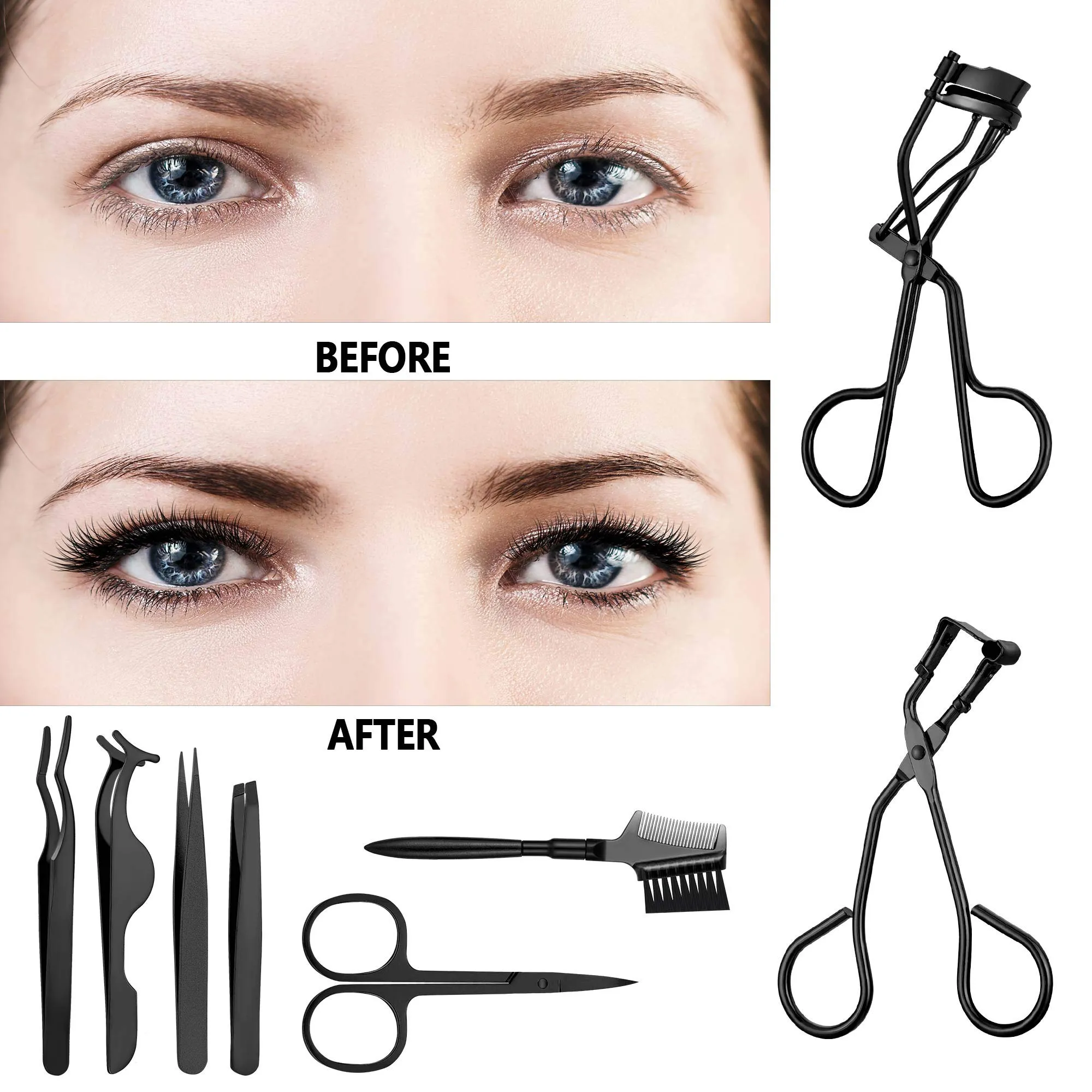 48 Pieces Eyelash Curler Makeup Tools Set, include Mini Eyelash Curler Kit, Eyebrow and Eyelash Extension Tweezers, Eyelash Eyebrow Brush Comb and Eyelashes Scissors, Silicone Refill Pads (Black)