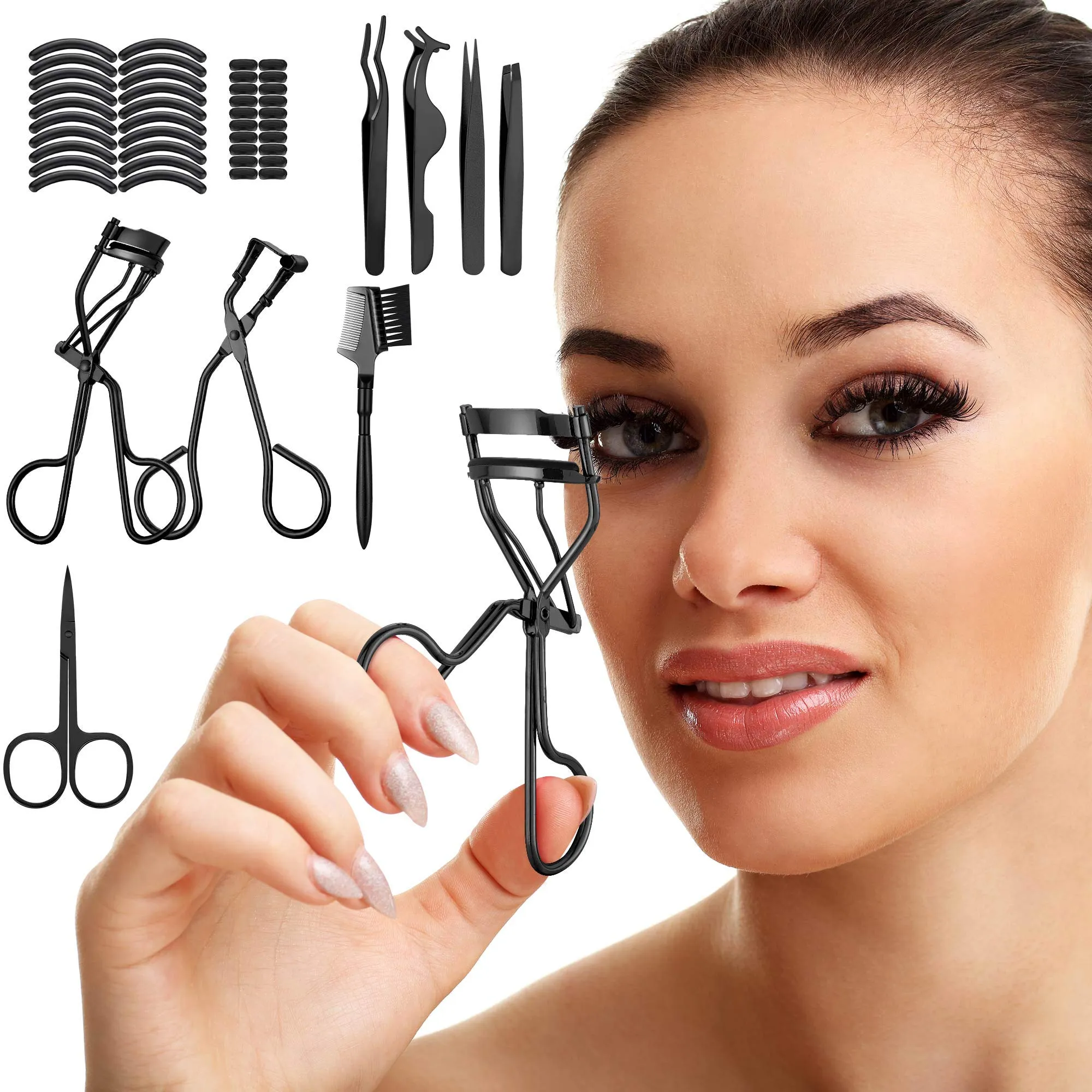 48 Pieces Eyelash Curler Makeup Tools Set, include Mini Eyelash Curler Kit, Eyebrow and Eyelash Extension Tweezers, Eyelash Eyebrow Brush Comb and Eyelashes Scissors, Silicone Refill Pads (Black)