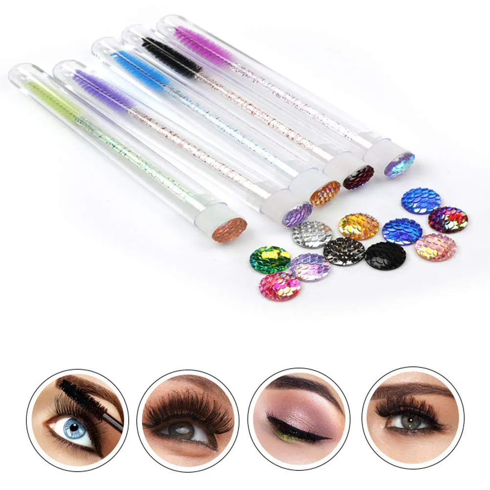 5 Pieces Multi-Color Crystal Disposable Rod Eyebrow Eyelash Brush with Tube Disposable Mascara Wands Set with Crystal Eyelash Brush Eyebrow Applicator Makeup Tool and Eyelash Tube (Random Color)