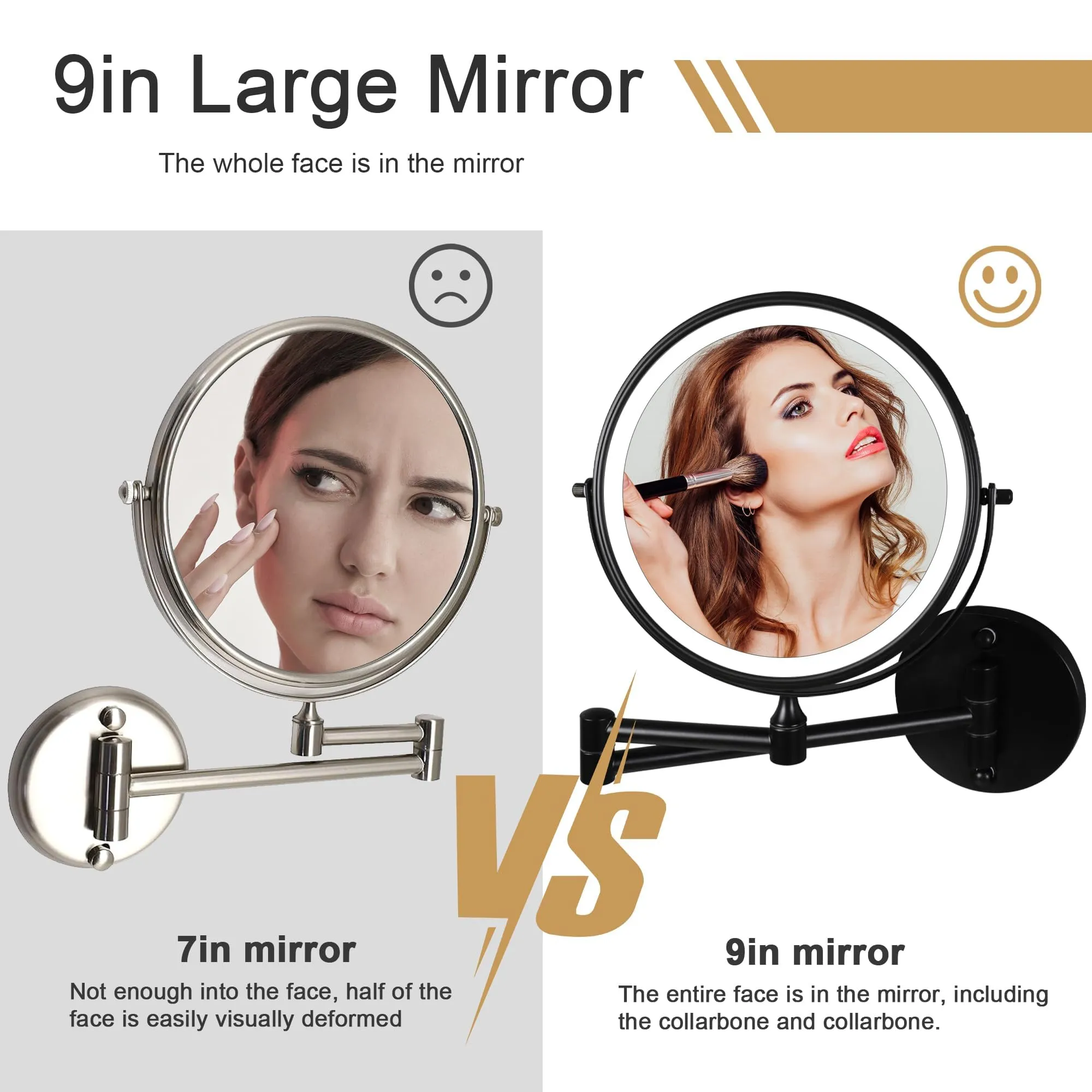 9" Large Black Wall Mount Magnifying Mirror With Light, TUSHENGTU 3000mAh Rechargeable Lighted Makeup Vanity Mirror Wall Mounted Swing Arm,10X/1X Magnifying Vanity Mirror for Bathroom 360°Double Sided