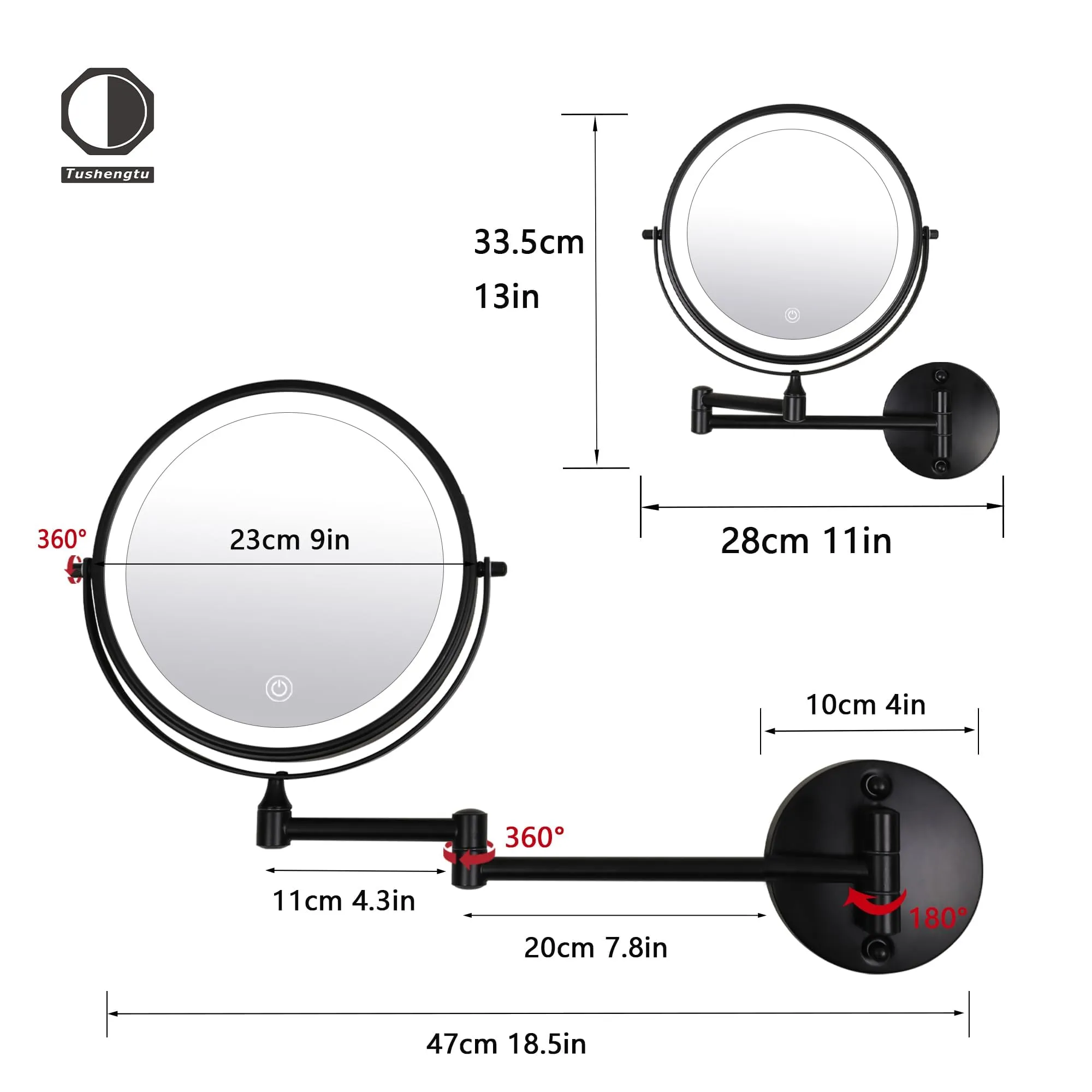9" Large Black Wall Mount Magnifying Mirror With Light, TUSHENGTU 3000mAh Rechargeable Lighted Makeup Vanity Mirror Wall Mounted Swing Arm,10X/1X Magnifying Vanity Mirror for Bathroom 360°Double Sided