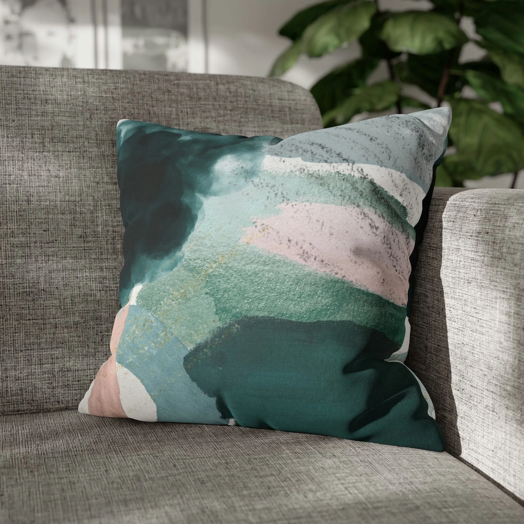 Abstract Boho Pillow Cover | Green Pink Cream