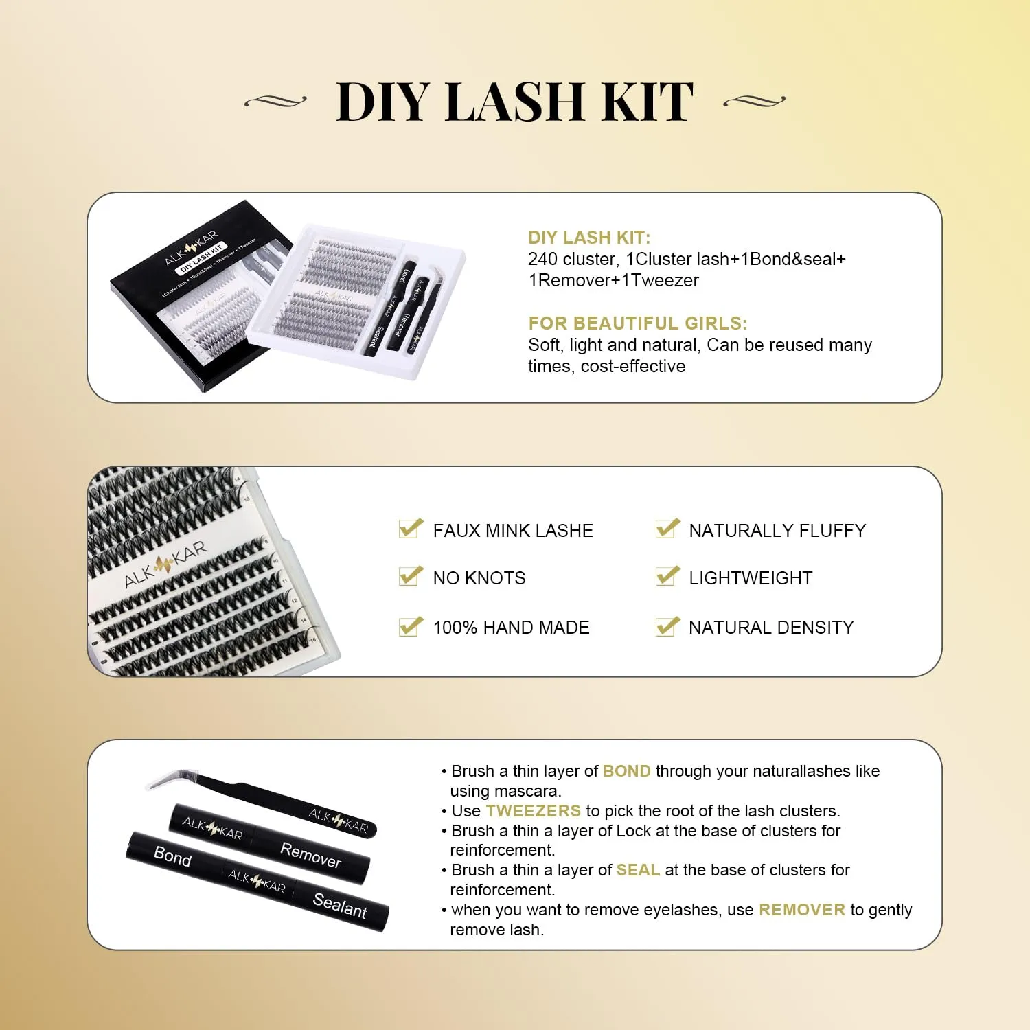 ALKKAR DIY Eyelashes kit Bond Sealant Tweezers Remover