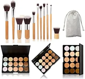 AMarkUp 15 Colors Cosmetics Cream Contour Foundation Concealer Palette with 11pcs Bamboo Face Makeup Brushes Set