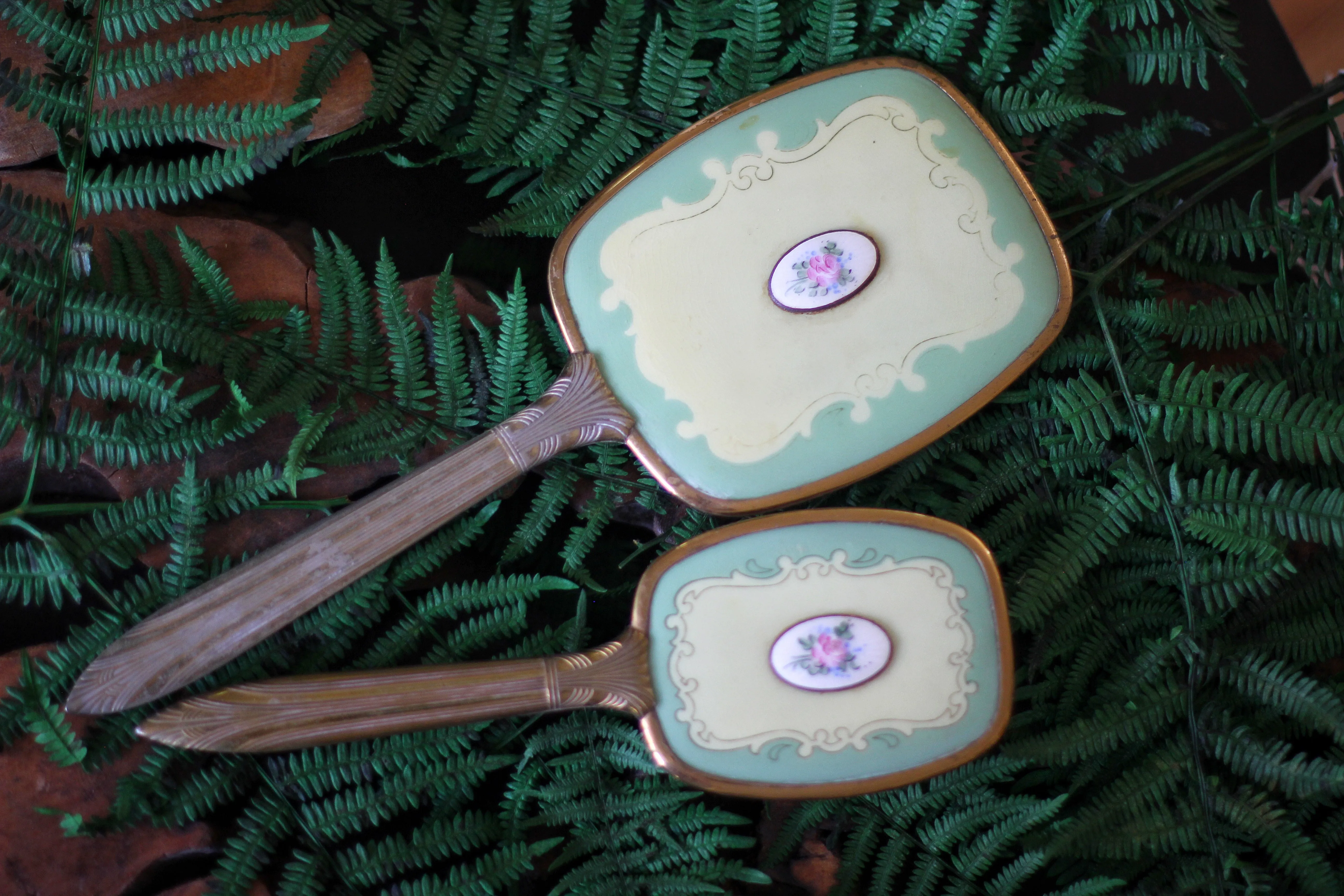 Antique Green Guilloche Rose Vanity Set