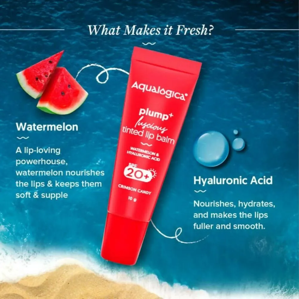 Aqualogica Crimson Candy Plump  Luscious Tinted Lip Balm with Watermelon and Hyaluronic Acid, SPF 20 