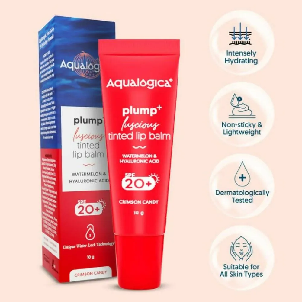 Aqualogica Crimson Candy Plump  Luscious Tinted Lip Balm with Watermelon and Hyaluronic Acid, SPF 20 