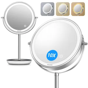 Auxmir 10X Large Lighted Makeup Mirror, 1X/10X True HD Magnifying Mirror with 3 Color, Rechargeable Vanity Mirror, Brightness Adjustable, 360° Rotation Double-Sided Makeup Mirror, Gift for Women