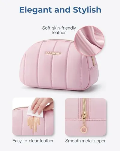 BAGSMART Small Makeup Bag PU Leather Travel Makeup Bag Organizer Makeup Pouch, Portable Cosmetic Bags for Women, Cute Make Up Bag for Travel Size Toiletries Accessories Brushes (Pink)