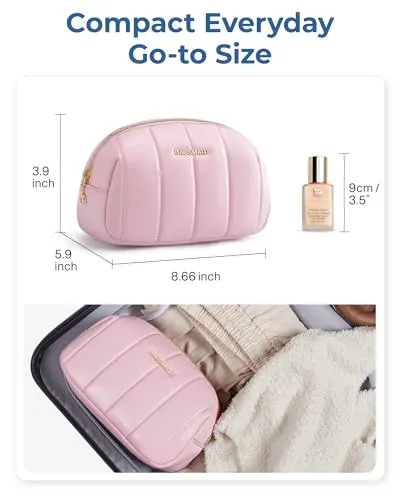 BAGSMART Small Makeup Bag PU Leather Travel Makeup Bag Organizer Makeup Pouch, Portable Cosmetic Bags for Women, Cute Make Up Bag for Travel Size Toiletries Accessories Brushes (Pink)