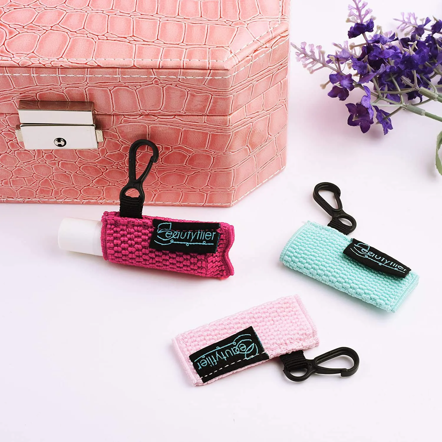 Beautyflier Clip-on Sleeve Chapstick Pouch Keychain Lipstick Holder Elastic Lip Balm Holster Travel Accessories (Black/Hot Pink/Purple/Robin Egg Blue/Pink) Black/Hot Pink/Purple/Robin Egg Blue/Pink