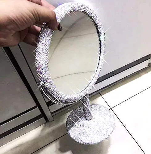Bestbling Bling Rhinestone Portable Magnified Double Sided Swivel Makeup Vanity Mirror, 360°Rotate Makeup Mirror Round Shaped Two-Sided Makeup Mirror (Silver) Silver