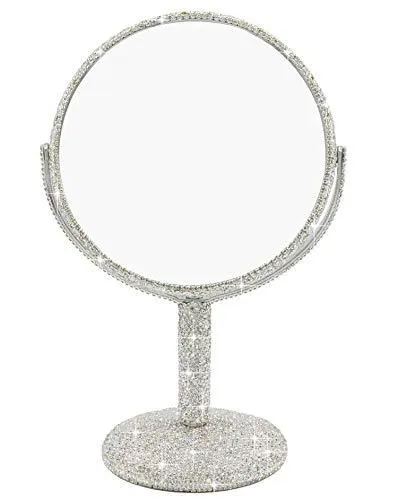 Bestbling Bling Rhinestone Portable Magnified Double Sided Swivel Makeup Vanity Mirror, 360°Rotate Makeup Mirror Round Shaped Two-Sided Makeup Mirror (Silver) Silver