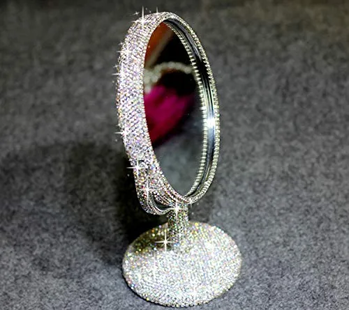 Bestbling Bling Rhinestone Portable Magnified Double Sided Swivel Makeup Vanity Mirror, 360°Rotate Makeup Mirror Round Shaped Two-Sided Makeup Mirror (Silver) Silver