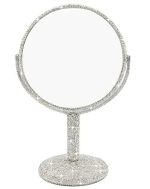 Bestbling Bling Rhinestone Portable Magnified Double Sided Swivel Makeup Vanity Mirror, 360°Rotate Makeup Mirror Round Shaped Two-Sided Makeup Mirror (Silver) Silver