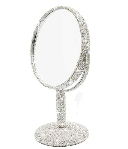 Bestbling Bling Rhinestone Portable Magnified Double Sided Swivel Makeup Vanity Mirror, 360°Rotate Makeup Mirror Round Shaped Two-Sided Makeup Mirror (Silver) Silver